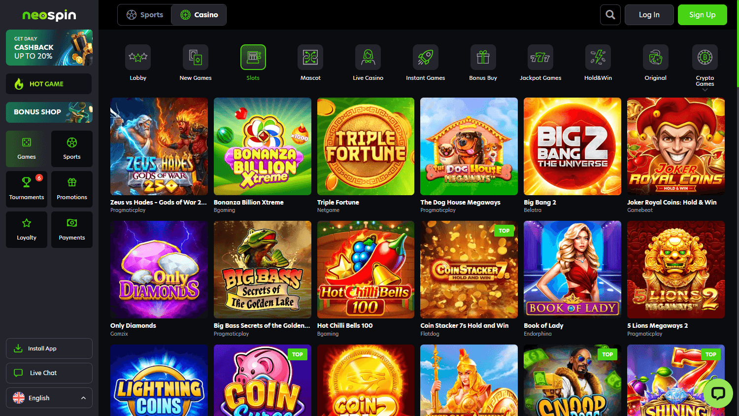 NeoSpin Casino bonus page showing 300% welcome offer